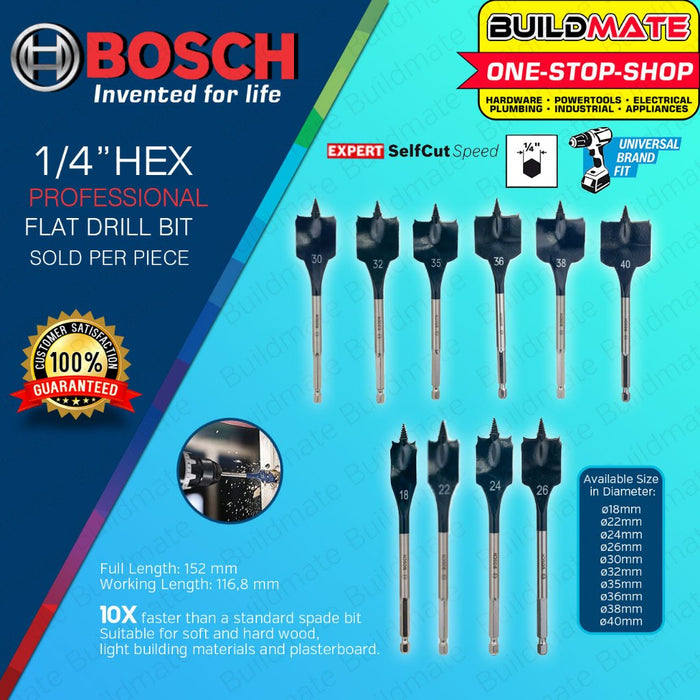 BUILDMATE Bosch 152MM Self Cut Speed Flat Spade Drill Bit 1/4" Hex Shank Drilling 24MM - 40MM - BAX