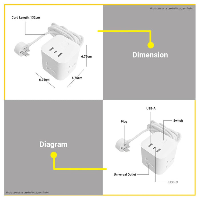 BUILDMATE Omni Cube Extension Cord Dice USB Power Strip 6 Outlet Heavy Duty Universal Socket USB-321
