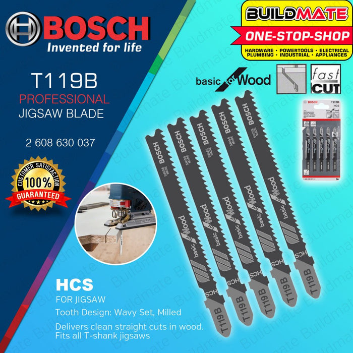 BUILDMATE Bosch 100MM 5PCS Jigsaw Blade Set HCS Straight Cut Saw Blades Basic for Wood Cutting - BAX