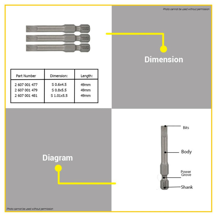 BUILDMATE Bosch 3PCS/SET 49mm Extra Hard Screwdriver Bit Slotted for Rotary Drills / Driver - BAX