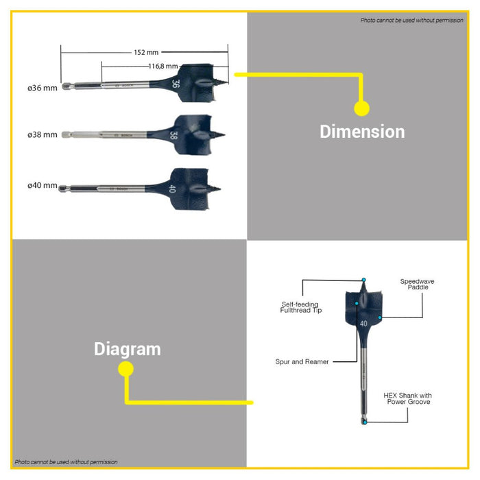 BUILDMATE Bosch 152MM Self Cut Speed Flat Spade Drill Bit 1/4" Hex Shank Drilling 24MM - 40MM - BAX