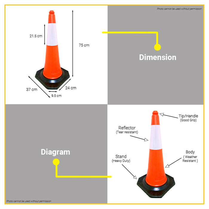 BUILDMATE Creston Reflectorized Traffic Cone 750mm Barricades Warning Road Block Sign Safety Cone FE-8875