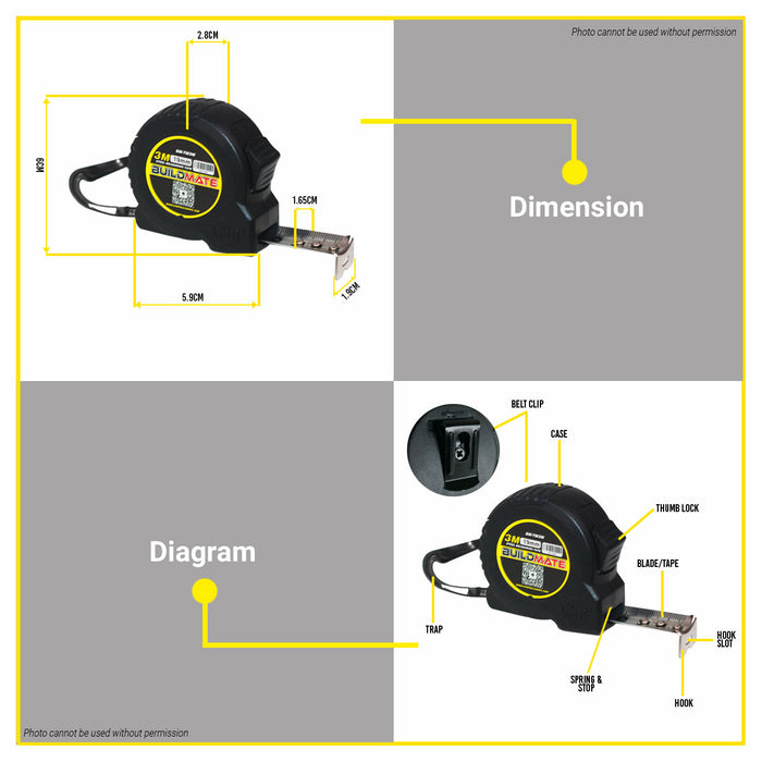 BUILDMATE Brand Steel Measuring Tape 3mx19mm Pocket Size Metric Marking Ruler Tape Measure Measurement Tool BM-TM3M