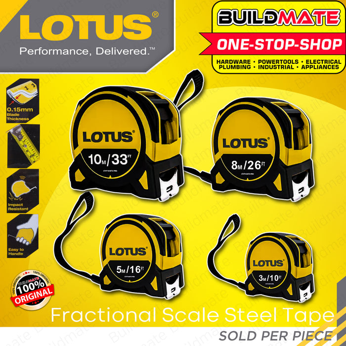 BUILDMATE Lotus Steel Tape with Grip 3M | 5M | 8M | 10M PRO [SOLD PER PIECE] Measuring Tape Measure Fraction Scale Metric, Inch, Fraction Continuous Marking Blade Easy To Read Both Side Triple Ruler, Retractable Portable Measure Tape Tool • LHT