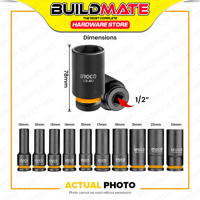 BUILDMATE Ingco 10pcs Deep Impact Socket Set 1/2" 6pt Heavy Duty Impact Wrench Deep Drive Hex Socket Kit For Mechanical & Automotive HKISSD12102L - IHT