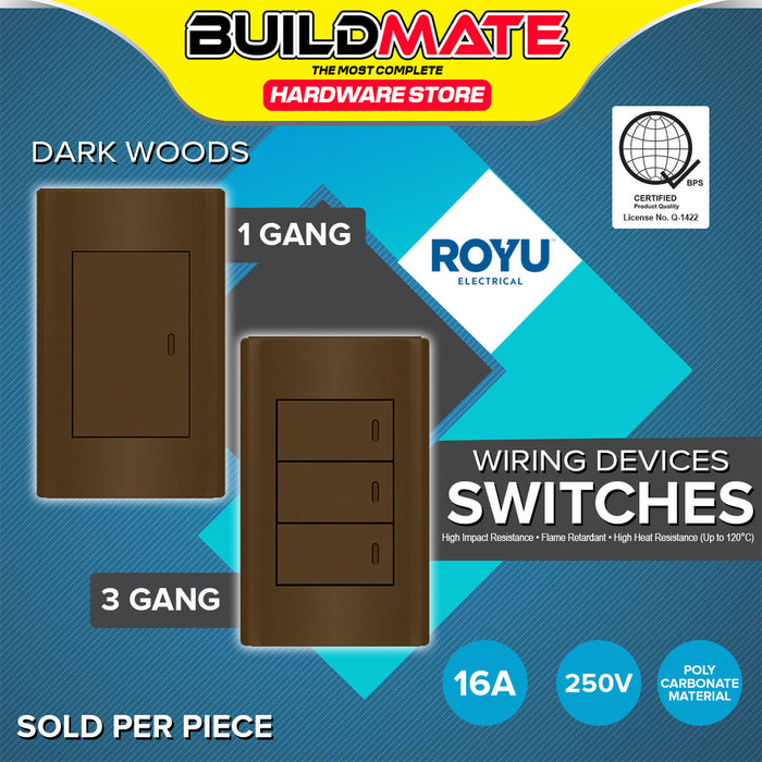 BUILDMATE Royu Plano 1 / 3 Gang Switch Set Wide Series Dark Wood with Steel Plate Support Wall Light Fire Retardant Switches MD511/DW / MD515/DW