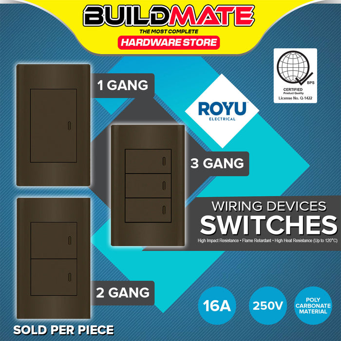 BUILDMATE Royu Plano 1 / 2 / 3 Gang Switch Set Wide Series Dark Gray with Steel Plate Support Wall Light Fire Retardant Switches