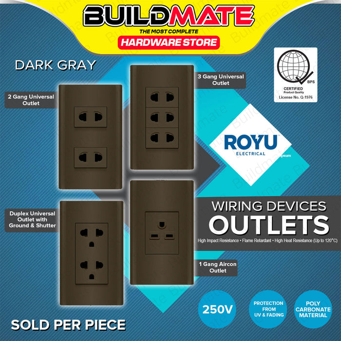 BUILDMATE Royu Plano Outlet Set Wide Series Dark Gray 250V Polycarbonate Electrical Wall Plug Socket UV Resistant & Flame Retardant Outlets