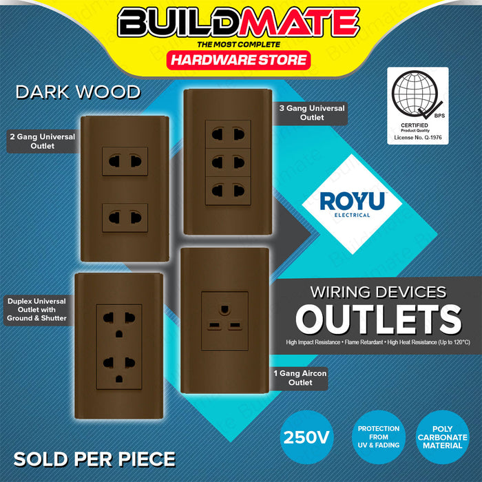 BUILDMATE Royu Plano Outlet Set Wide Series Dark Wood 250V Polycarbonate Electrical Wall Plug Socket UV Resistant & Flame Retardant Outlets