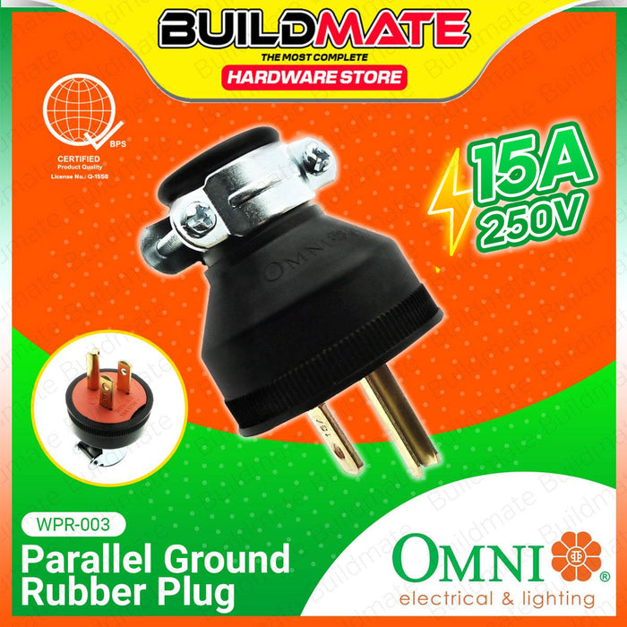 BUILDMATE Omni Parallel Ground Rubber Plug 15A 250V Heavy Duty 3-Prong Male Electrical Power Plug Connector Replacement WPR-003