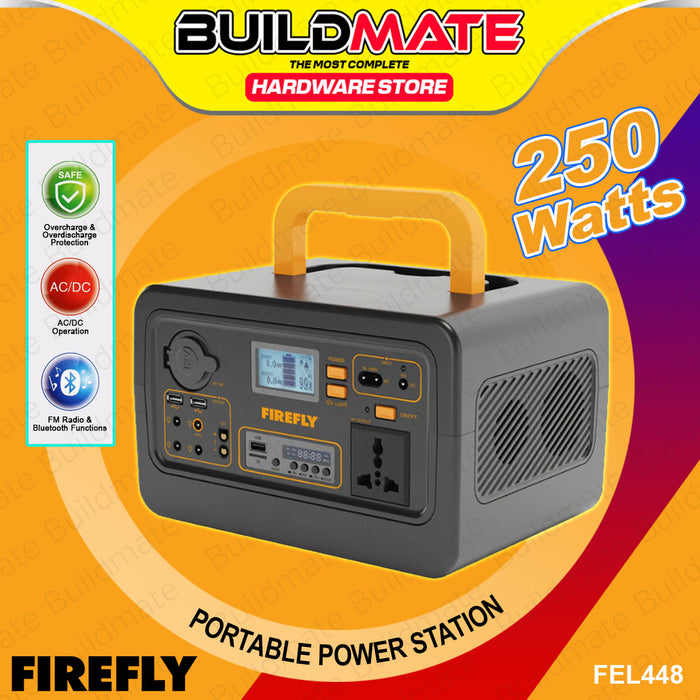 BUILDMATE Firefly Portable Power Station 250W with 4pcs Emergency LED Bulbs and FM Radio Rechargeable Backup Power Supply FEL448