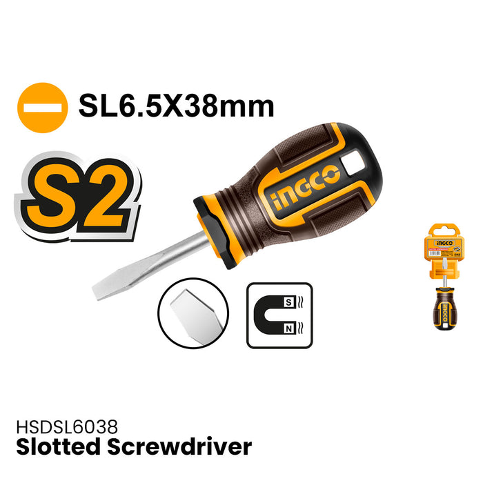 BUILDMATE Ingco Slotted Flat Screwdriver SL6.5x38mm Compact Pocket Flathead Magnetic Stubby Mini Screw Driver for DIY & Electronics - IHT