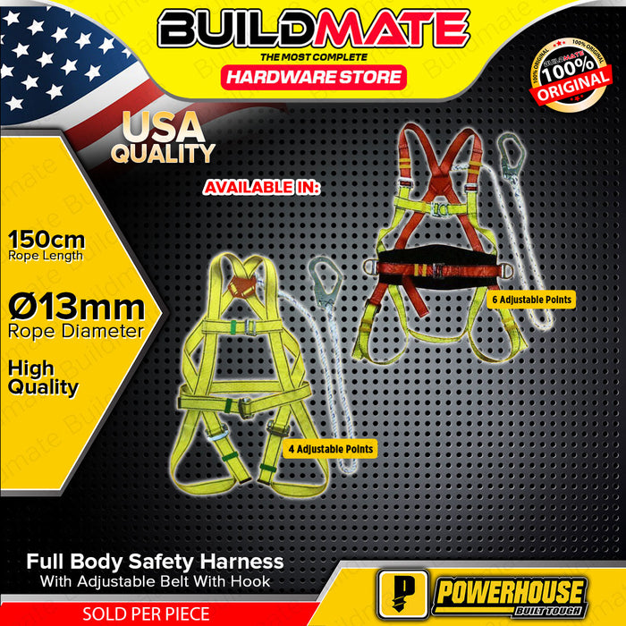 BUILDMATE Powerhouse Full Body Safety Harness with Adjustable Belt and Hook Ø13mm x 150cm Fall Arrest Protection Personal Safety Harness Belt - PHHT