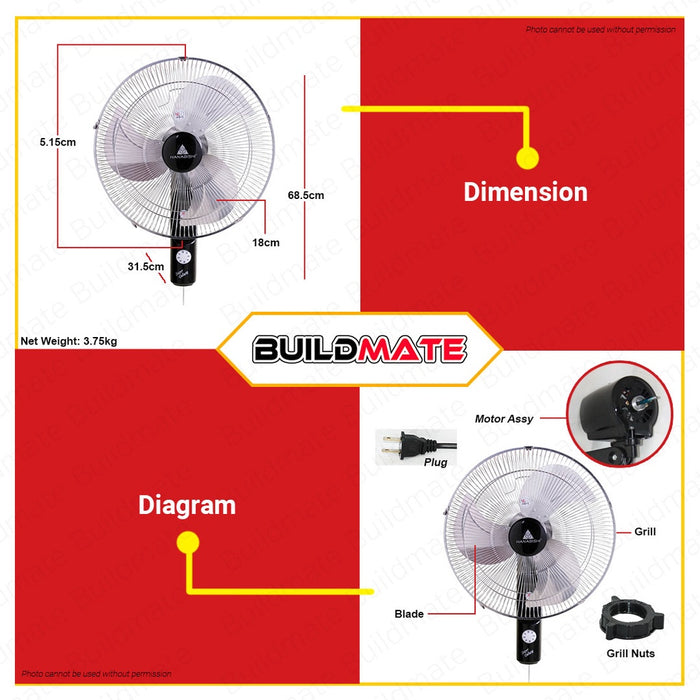 HANABISHI INDUSTRIAL WALL ELECTRIC FAN 18" CHROME HIWF-180W •BUILDMATE•