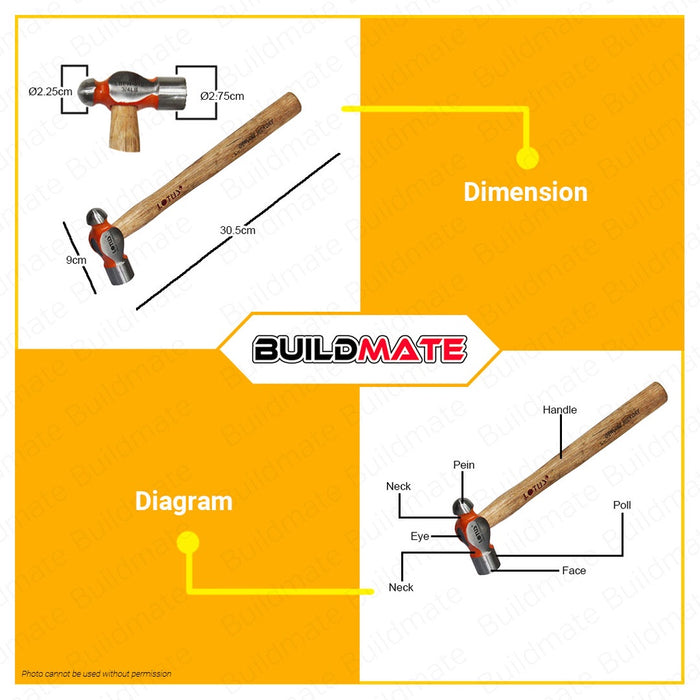 LOTUS Ballpein Hammer Genuine Hickory 3/4lbs •BUILDMATE• LHT LUTOS