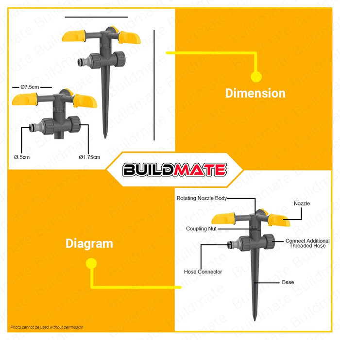 LOTUS Garden 3 Arm Rotating Sprinkler LTGT3VRX •BUILDMATE• LHT LUTOS