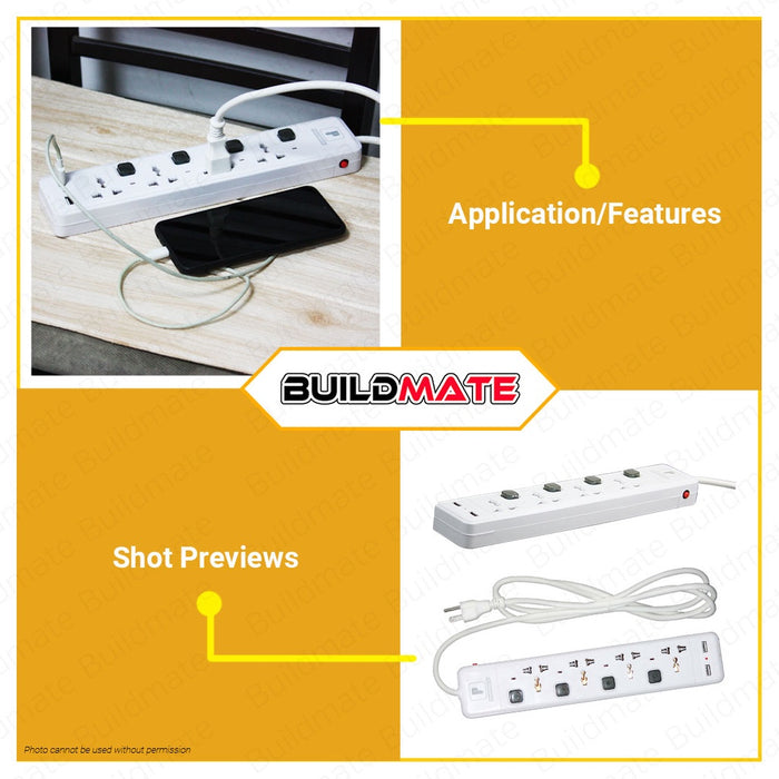 POWERHOUSE Electric Extension Cord Individual Switch Universal Outlet Socket 4gang 2m PHEC-500U PWTA