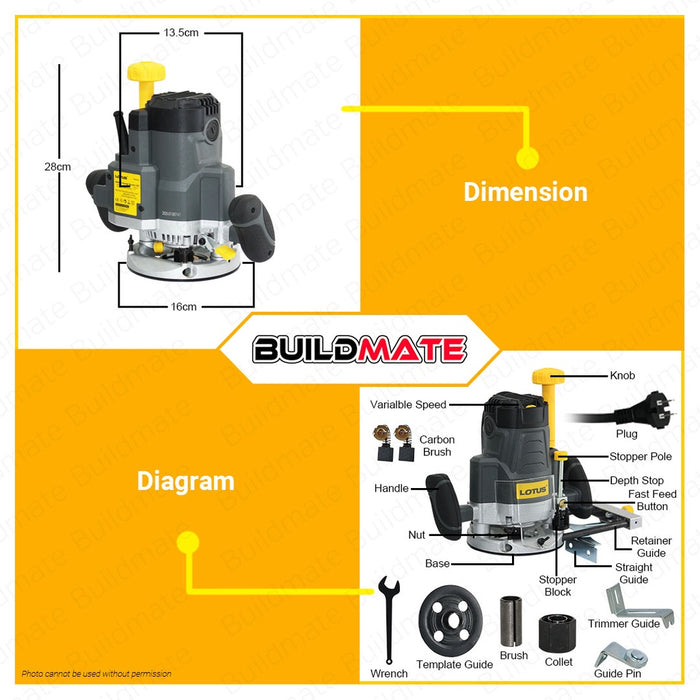 LOTUS Plunge Router 1/2" 2200W LTPR2200X •BUILDMATE• LPT LUTOS