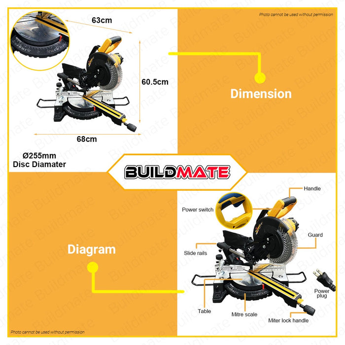 POWERHOUSE USA Laser Pointer Sliding Bar Miter Saw & Electronic Brake Sharp Cut 10" 2000W Heavy Duty