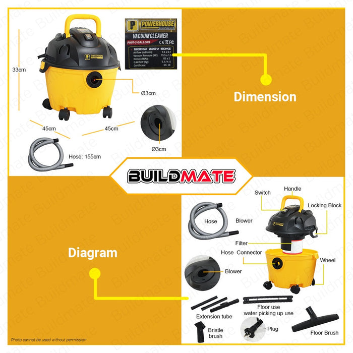 POWERHOUSE Wet and Dry Vacuum Cleaner 3 GAL Gallons 1200W PH07-3GAL + FREE YUKO GOGGLES  PHPT