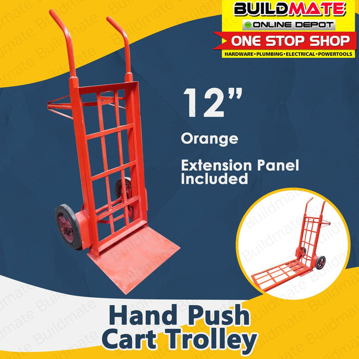 KARTILYA Red Orange Hand Push Cart Trolley 12" Black Rubber Wheels with Extension Panel •BUILDMATE•