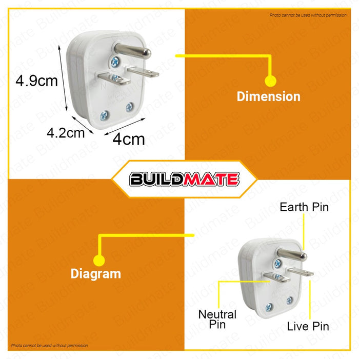 BUILDMATE Omni Tandem Ground Plug 20A 250V 2 Parallel Prongs and Grounding Pin Heavy Duty Electric Grounded Plug WTG-007