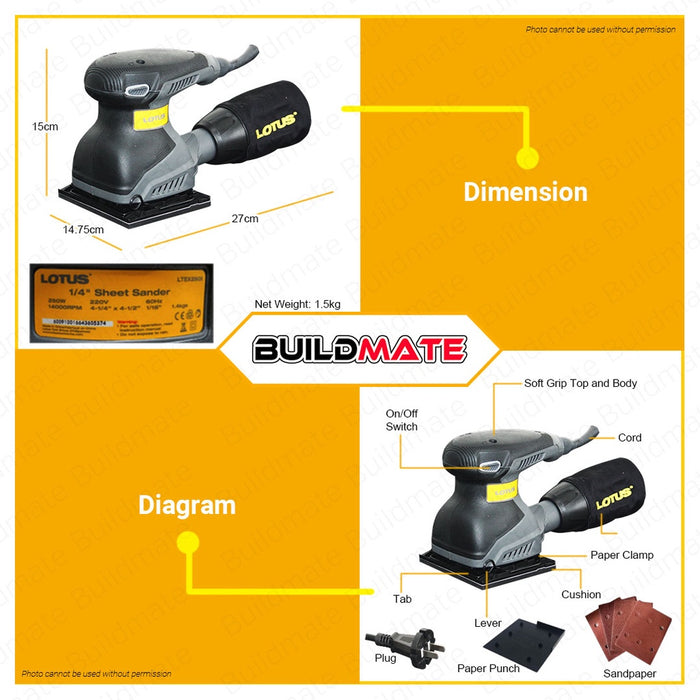 BUILDMATE Lotus Orbital Sheet Sander 250W | 280W Finish Sander Machine Wood Orbital Sanding Finish Machine Sander Electric Finishing Sander Wood Sander Polishing Machine Electric Sander with Sandpaper Power Tools LTEX250X | LTEX280X • LPT