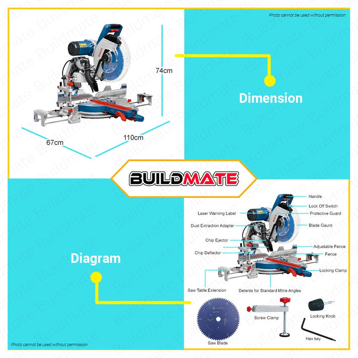 Bosch 2000W Slide Mitre Miter Saw 305mm with FREE Blade GCM 12 GDL Glide 0601B23600 BPT