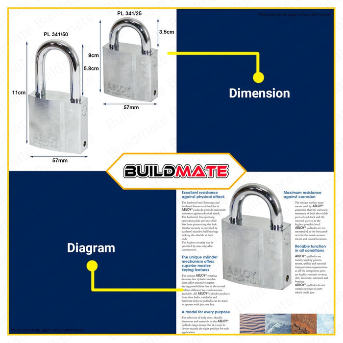 ABLOY Finland Original Heavy Duty Gate Door Padlock PL 341/25 | PL 341/50 57mm AUTHENTIC •BUILDMATE•