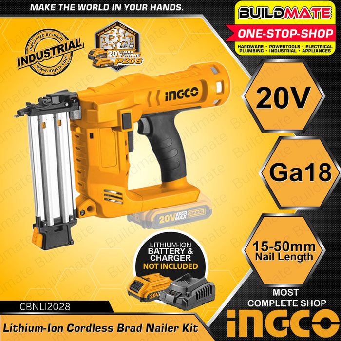 BUILDMATE Ingco Lithium-Ion Cordless 20V Brad Nailer Kit 15mm-50mm Woodworking Pin Nailer Driver Bradder Nailing Tool - ICPT