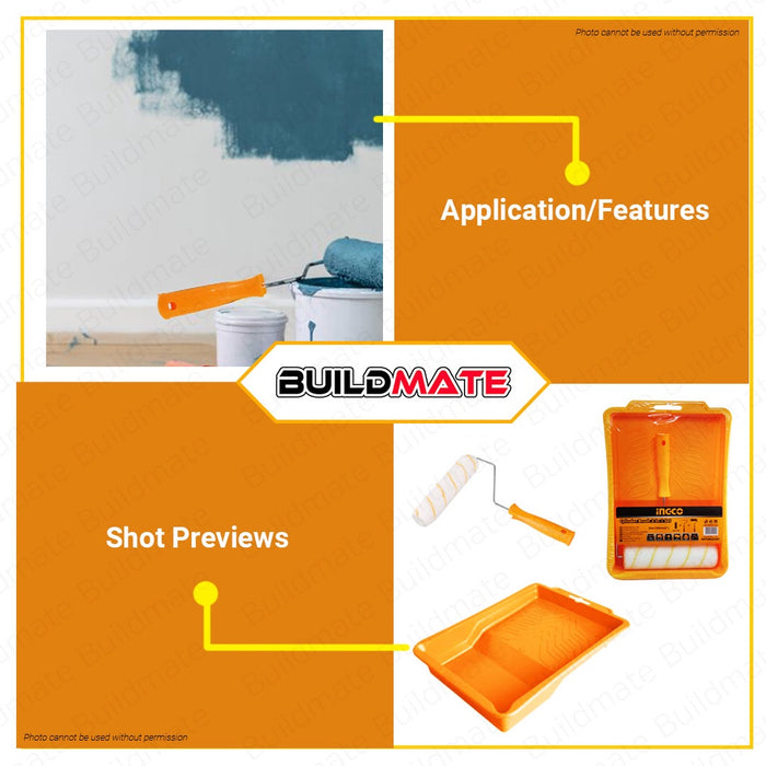 BUILDMATE Ingco 3 IN 1 Cylinder Brush Set 9" Acrylic Paint Roller Brush Tray Inner Wall Painting IHT