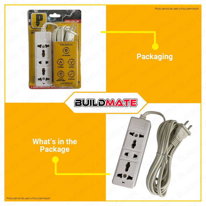 POWERHOUSE Electric Extension Cord 3 gang Universal Socket Outlet 2 Universal  PHEC-200-3M PWTA