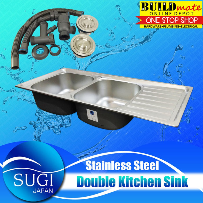 SUGI DOUBLE Bowl Stainless Steel Kitchen Sink with Table and Fittings SD4118 •BUILDMATE•