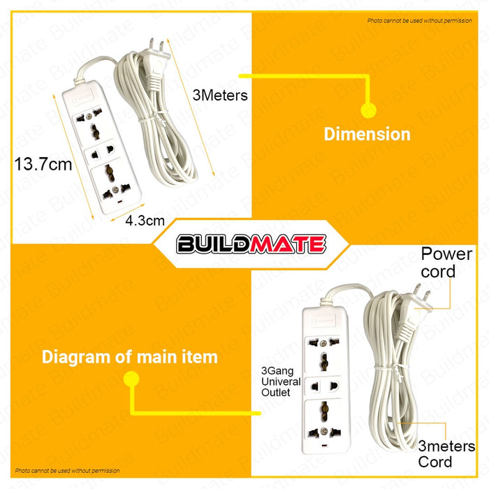 POWERHOUSE Electric Extension Cord 3 gang Universal Socket Outlet 2 Universal  PHEC-200-3M PWTA