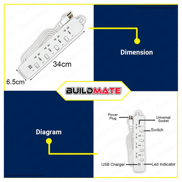 ROYU 4 Gang Universal Socket Outlet with Switches Extension Cord Wire Surge Protector White REDEC724