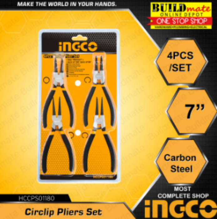 BUILDMATE Ingco Circlip Pliers 4PCS/SET 180° & 90° 7"/180mm Snap Ring C-Clip Plier HCCPS01180 • IHT