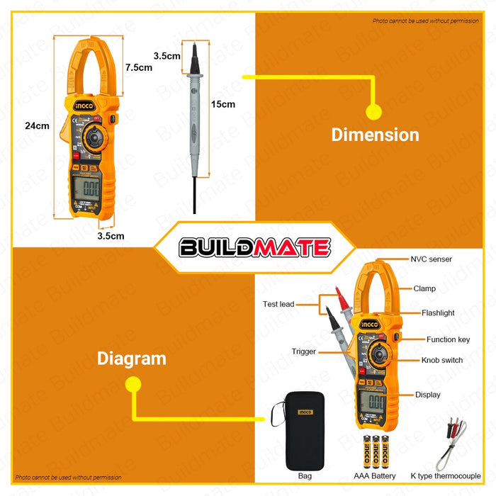 BUILDMATE Ingco Digital AC Clamp Meter 6000 Counts Voltage Voltmeter Tester Electrical Test Tool - IPT