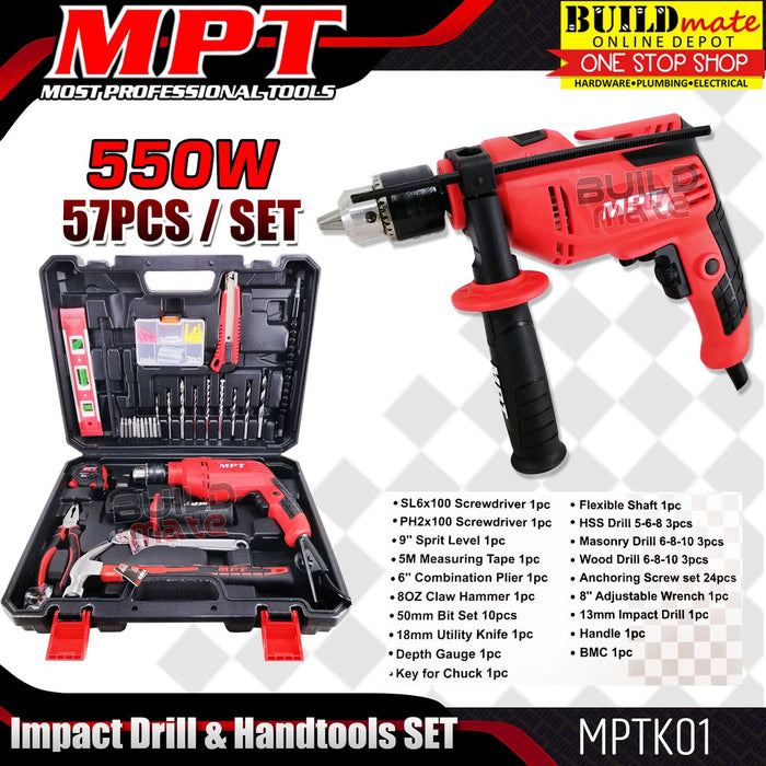 MPT 57PCS Impact Drill 550W and Hand Tools SET MPTKT01 Most Professional Tools •BUILDMATE•