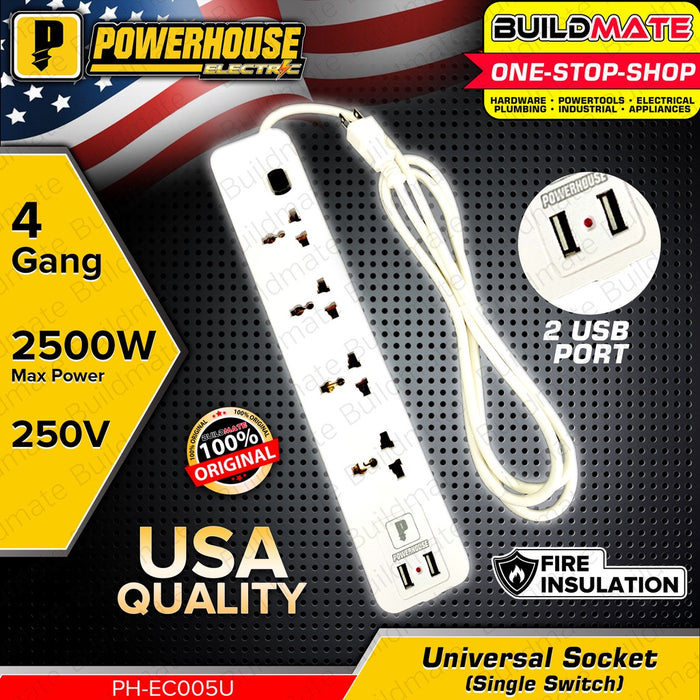 POWERHOUSE USA Extension Cord 1x Switch USB Universal Outlet Socket Surge Protector PHEC-005U PWTA