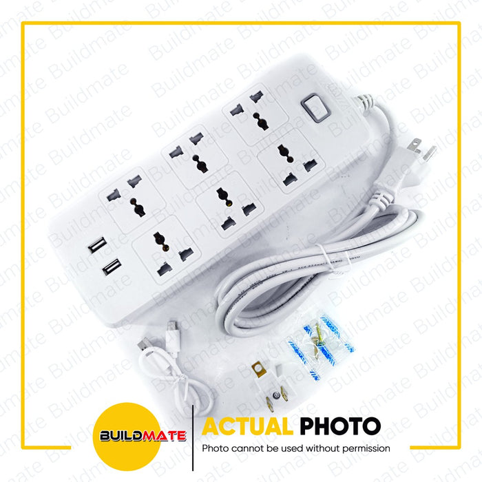 ROYU 6 GANG Extension Cord with 1 Main Switch & 2USB Port Power Strip REDEC626 •BUILDMATE•