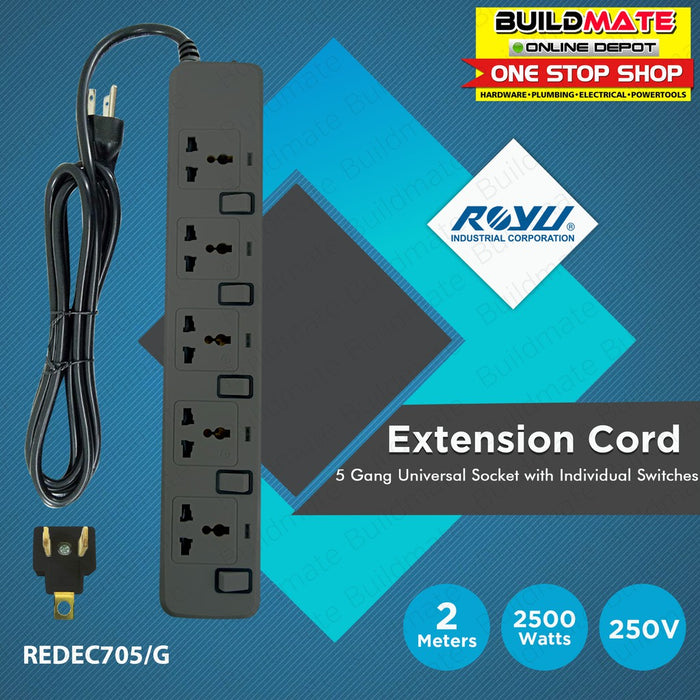 ROYU 5 GANG Extension Cord with Individual Switches REDEC705/G •BUILDMATE•