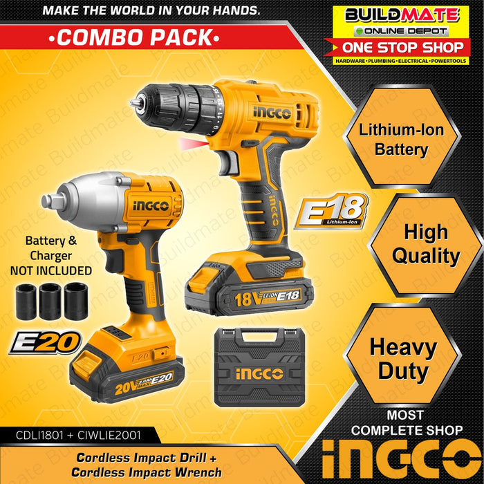 [COMBO] INGCO Cordless Drill 18V CDLI1801 + Cordless Impact Wrench 20V CIWLIE2001 •BUILDMATE• IPT