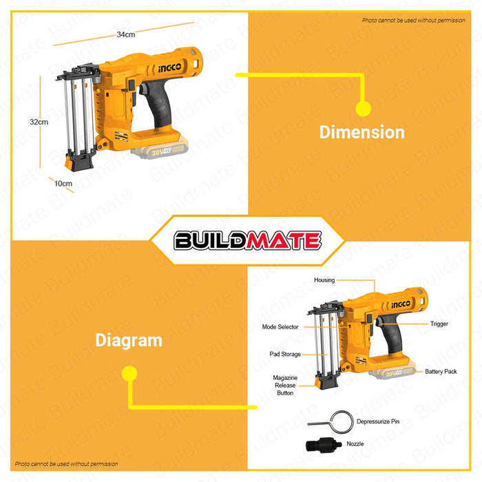 BUILDMATE Ingco Lithium-Ion Cordless 20V Brad Nailer Kit 15mm-50mm Woodworking Pin Nailer Driver Bradder Nailing Tool - ICPT