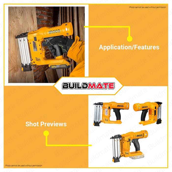 BUILDMATE Ingco Lithium-Ion Cordless 20V Brad Nailer Kit 15mm-50mm Woodworking Pin Nailer Driver Bradder Nailing Tool - ICPT