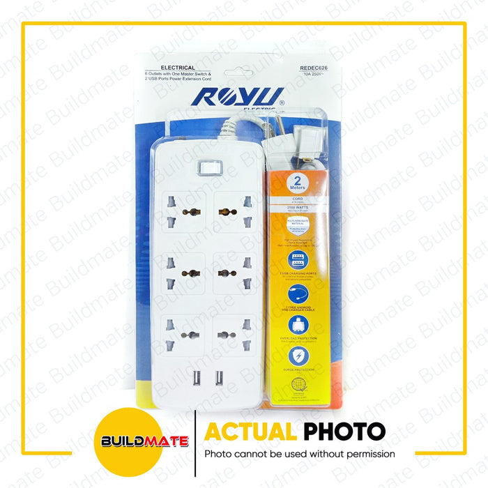 ROYU 6 GANG Extension Cord with 1 Main Switch & 2USB Port Power Strip REDEC626 •BUILDMATE•