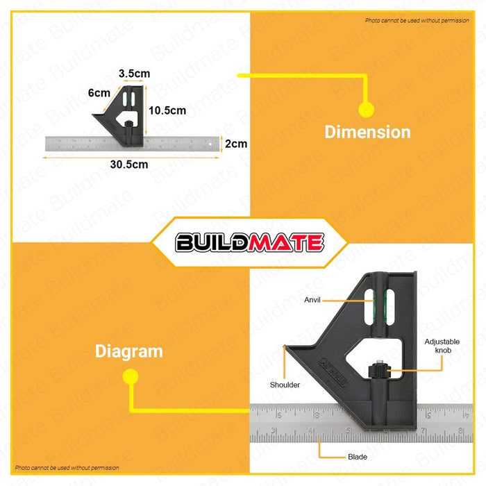 STANLEY Combination Try Tri Square 12" Plastic 46-012-81 •BUILDMATE•