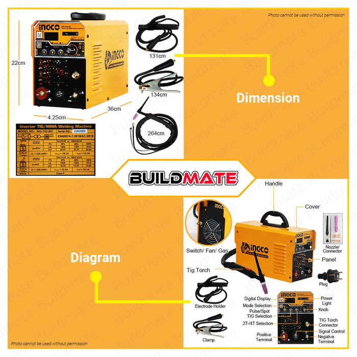 INGCO Dual 2 in 1 TIG / MMA Portable Inverter Welding Machine TIG1601 •BUILDMATE• IPT