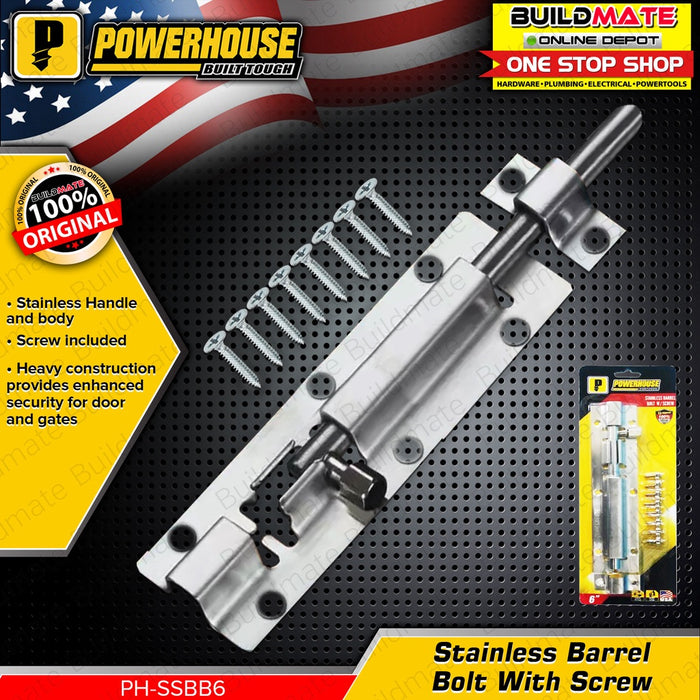 POWERHOUSE Stainless Barrel Bolt with Screw 6" •BUILDMATE• PWTA