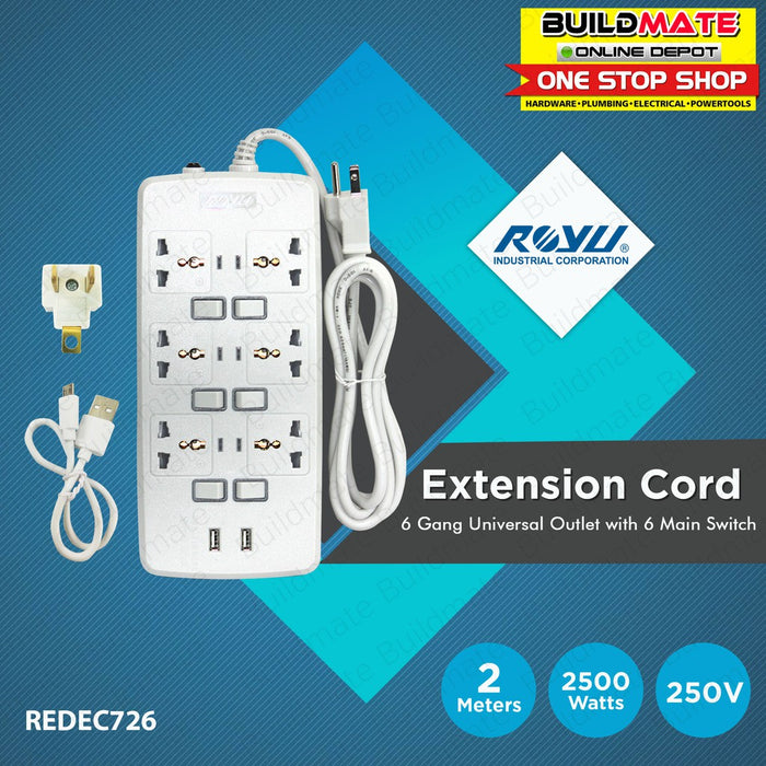 ROYU 6 GANG Universal Extension Socket Outlet with Individual Switch Surge Protector REDEC726