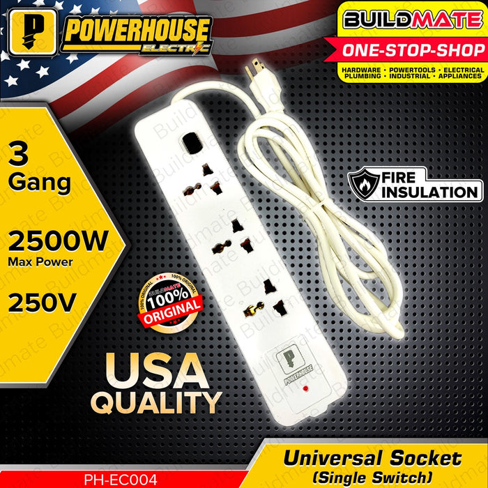 POWERHOUSE Electric Extension Cord with Single Switch Universal Outlet Socket PHEC-004 PWTA